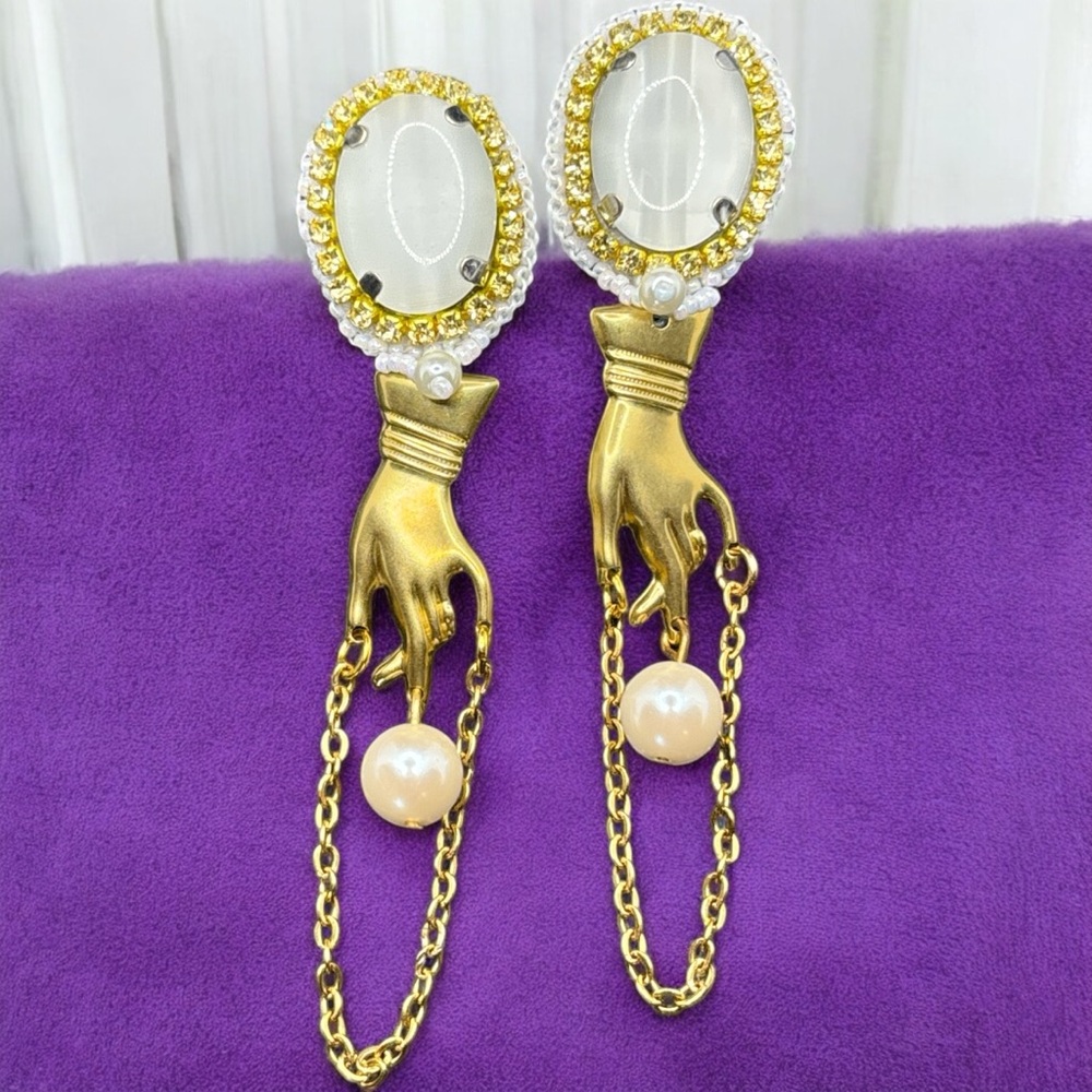 Handmade Gold Tone Hand shaped Faux Pearl Drop Dangle Pierced Earrings